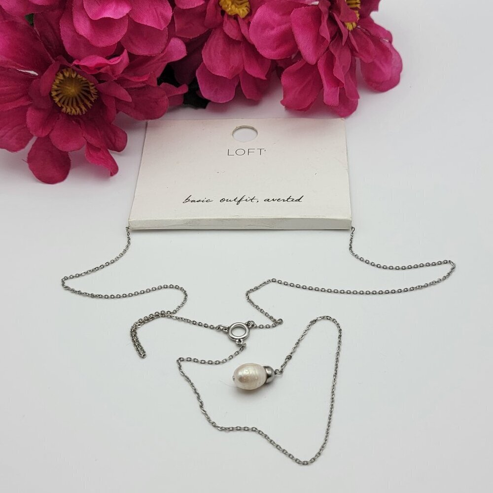 Ann Taylor LOFT Silver Tone White Pearl Y-Drop Necklace 18.5 In Minimalist New